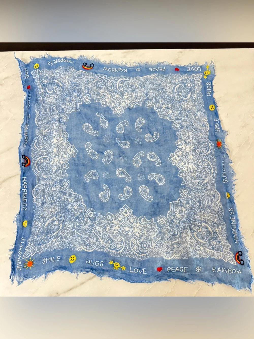 CITRUS Blue Paisley Linen Embroidered Bandana Scarf